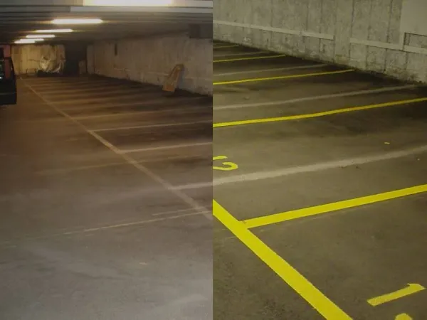 Parkeringsgarage före och efter målning av gula linjer
